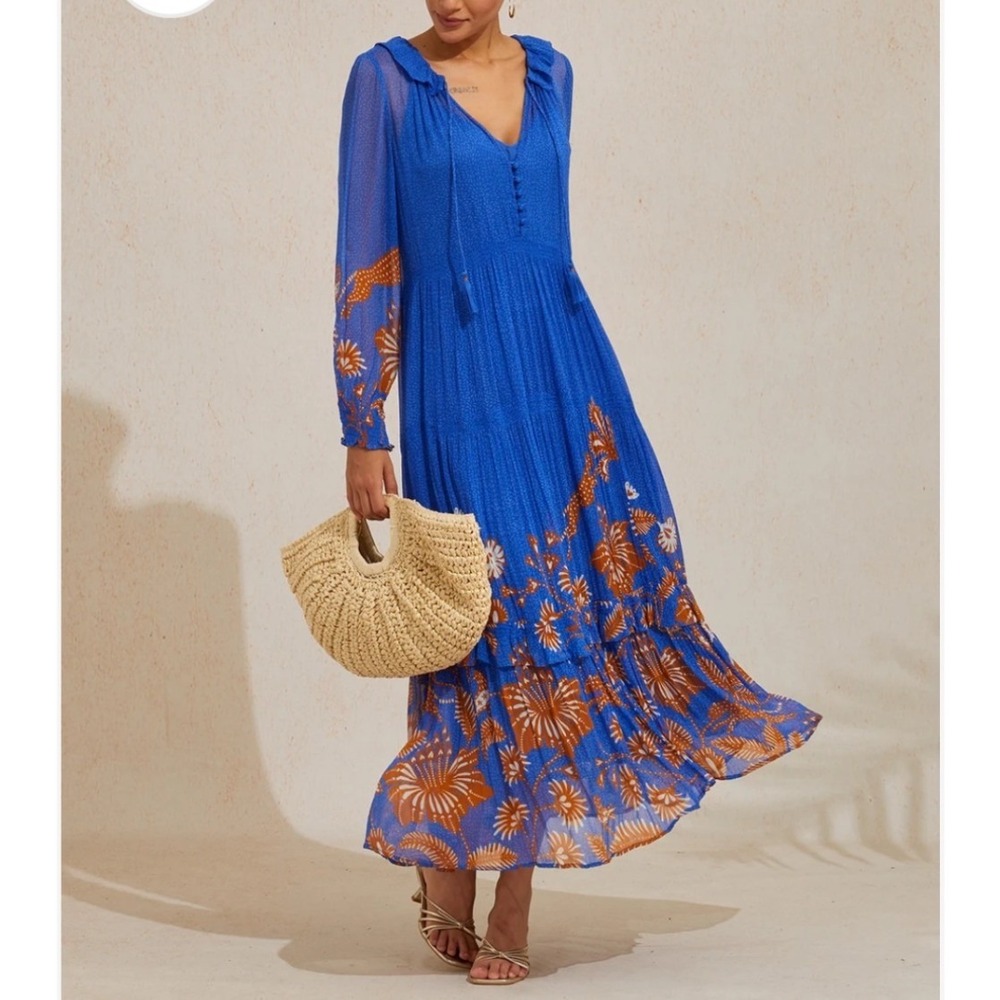 Anthropologie Marais Tiered Maxi Sz M Blue Floral Leopard Chiffon Boho Chic
